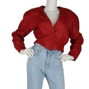 80s Vintage Chia Moto Bolero Cropped Bomber Red Leather Jacket M